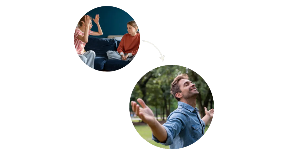 mujer estresada y sobrepasada emocionalmente con su hija v/s un hombre pleno y feliz luego de conocer el método evolución consciente