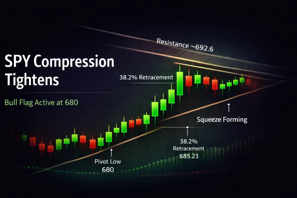 SPY Bull Flag Active at 680 as Multi-Timeframe Squeeze Tightens