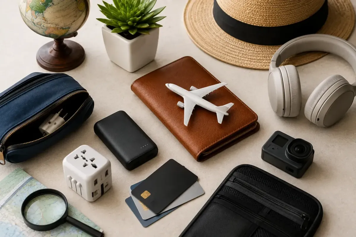 Walmart-style travel products image (no logos): luggage, packing organizers, and travel accessories