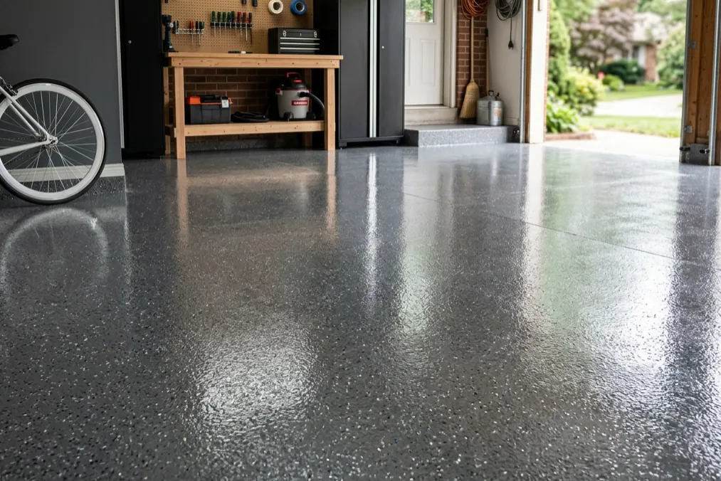 Clean garage workshop with grey flake epoxy floor by Devonport Epoxy Flooring in Devonport, TAS, for a durable finish