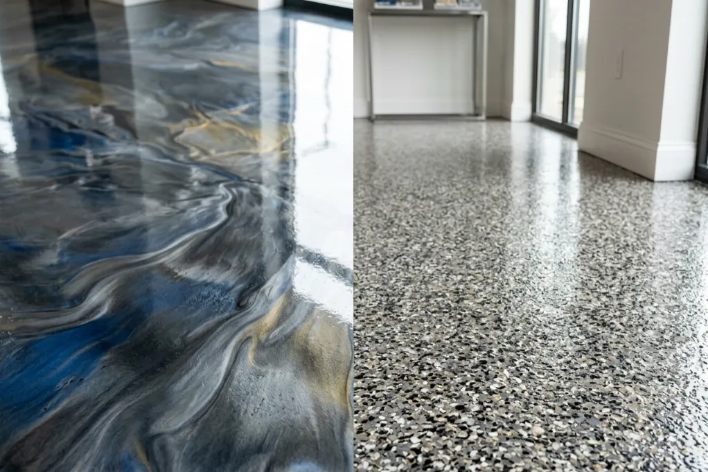 Swirled metallic and flake epoxy floor installed by Devonport Epoxy Flooring in Devonport, TAS, for a durable finish.