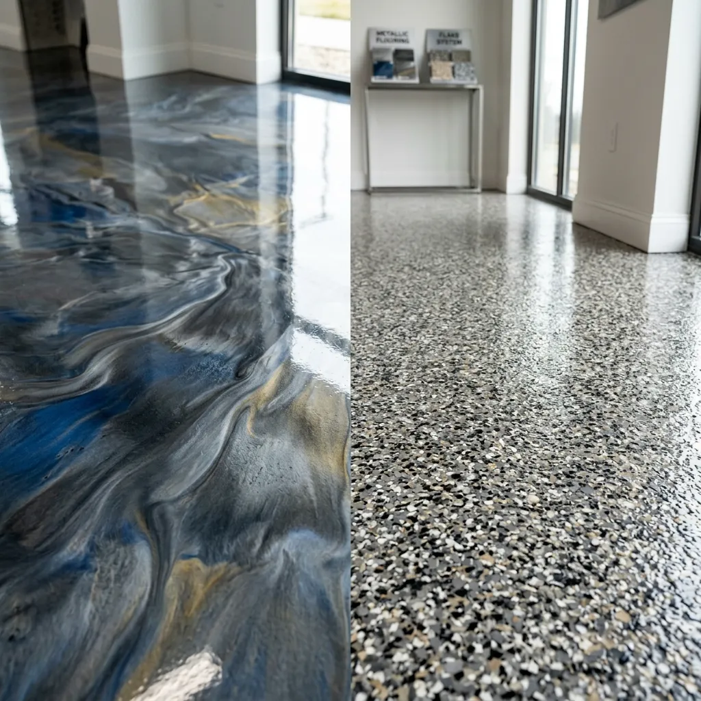 Swirled metallic and flake epoxy floor installed by Devonport Epoxy Flooring in Devonport, TAS, for a durable finish.