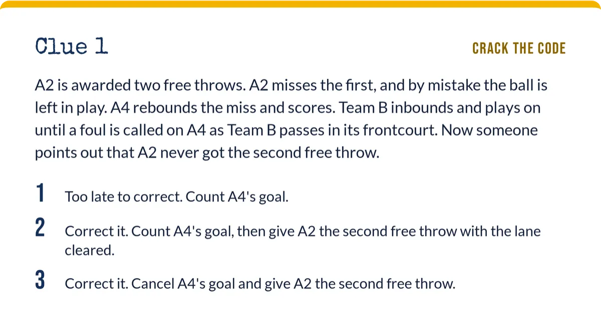 Sample Case Break clue: a missed free throw left in play, with three possible rulings numbered 1 to 3