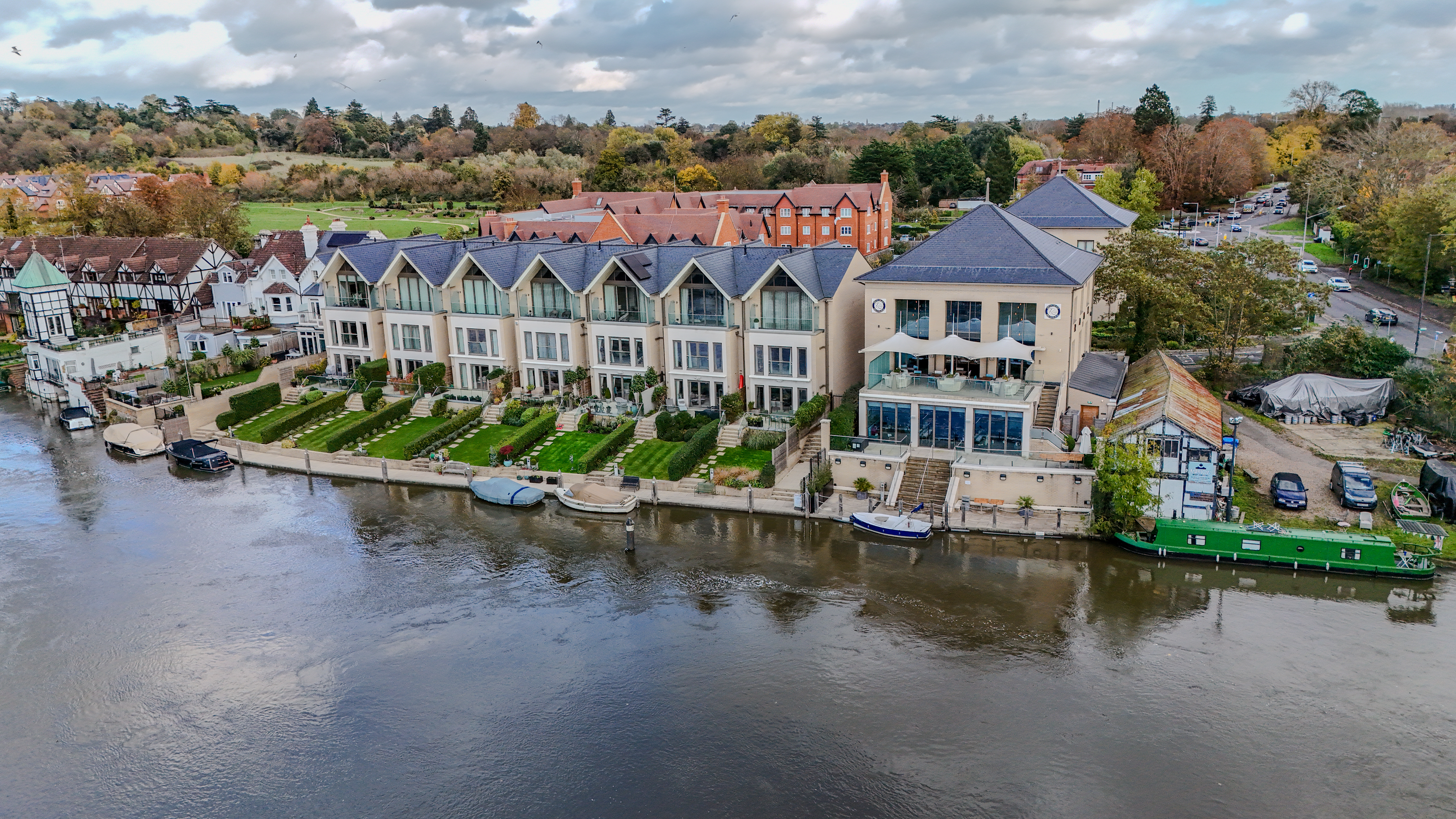 Aerial photo of river-front restaurant