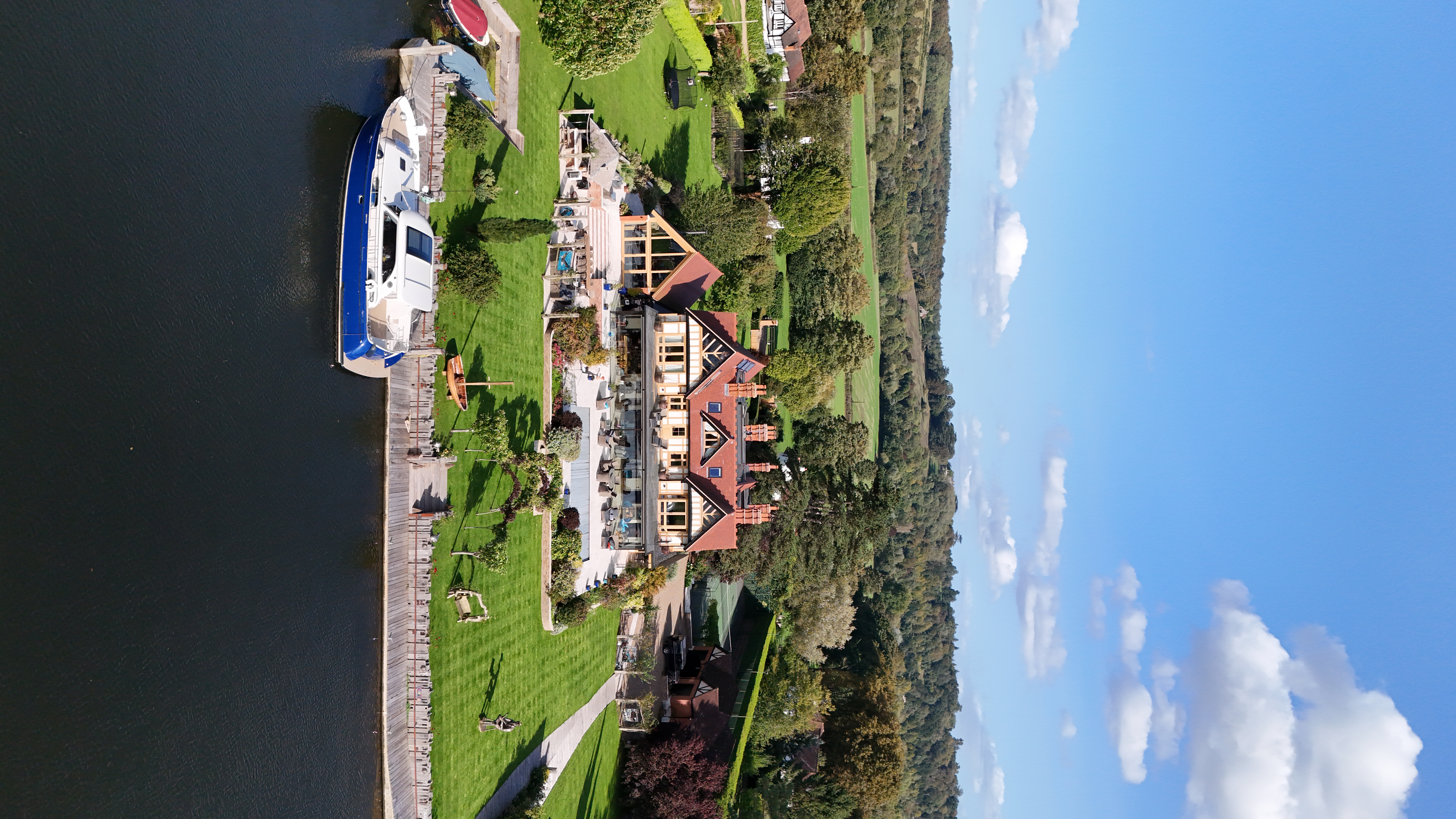 Aerial photo of river-front property.