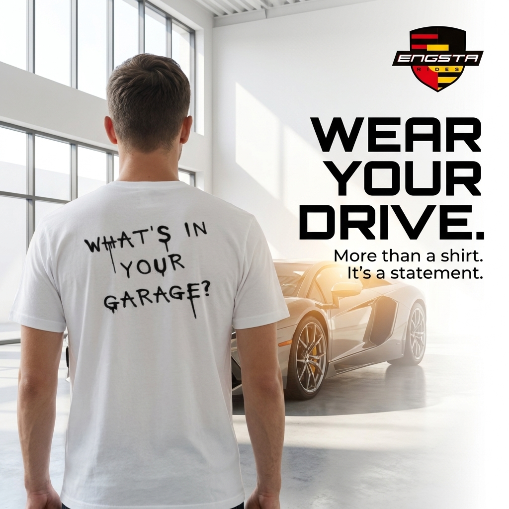 An Engsta Rides 'Never Lift' t-shirt hanging on a toolbox in a dimly lit, classic car garage.