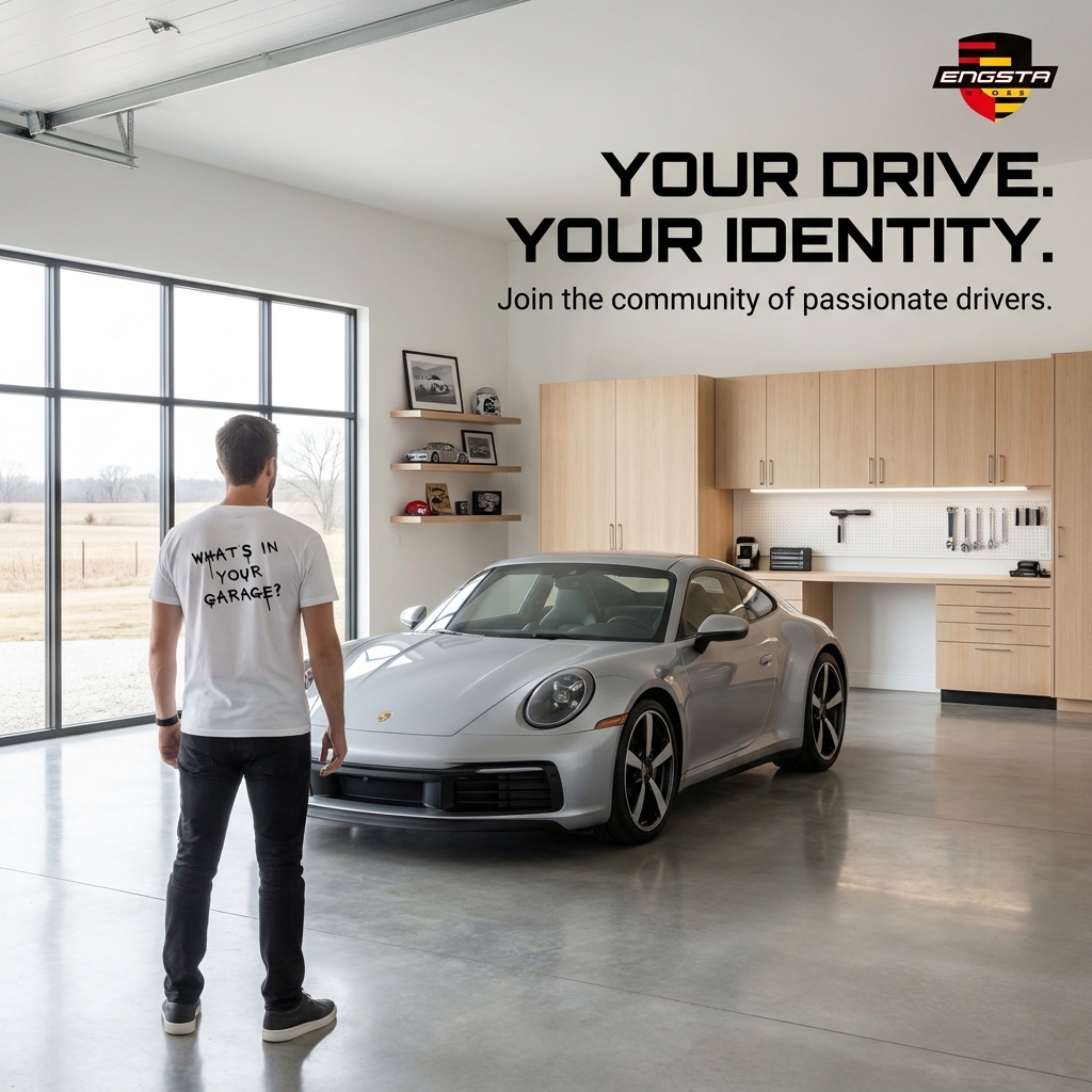 A dimly lit garage with a classic Porsche project car on jack stands, tools scattered neatly on a workbench, reflecting the builder's passion.