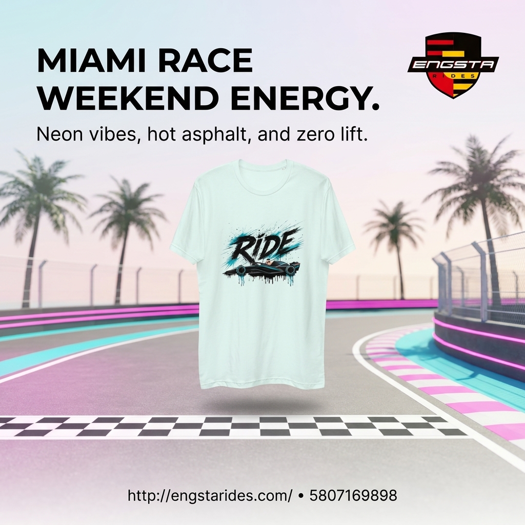 The Engsta Miami F1 Tee in black with neon pink and blue graphics, embodying the high-energy vibe of Miami's race weekend.