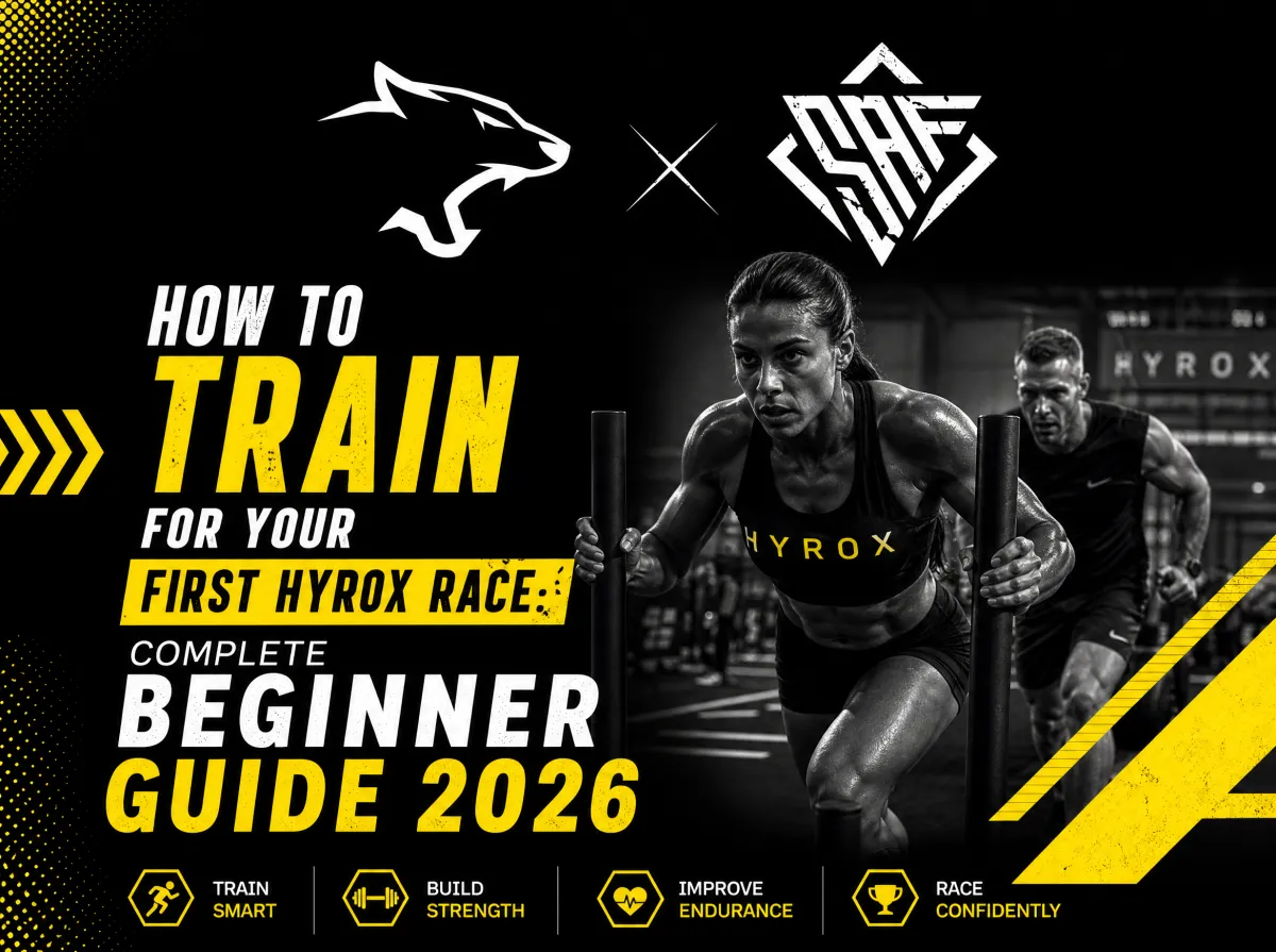 How to train for your first hyrox featured image showing a mixed doubles pair doing sled push