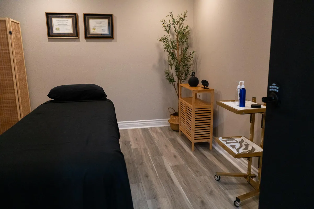 Chiropractic treatment room at Primitive x Swole AF gym in Garden Grove