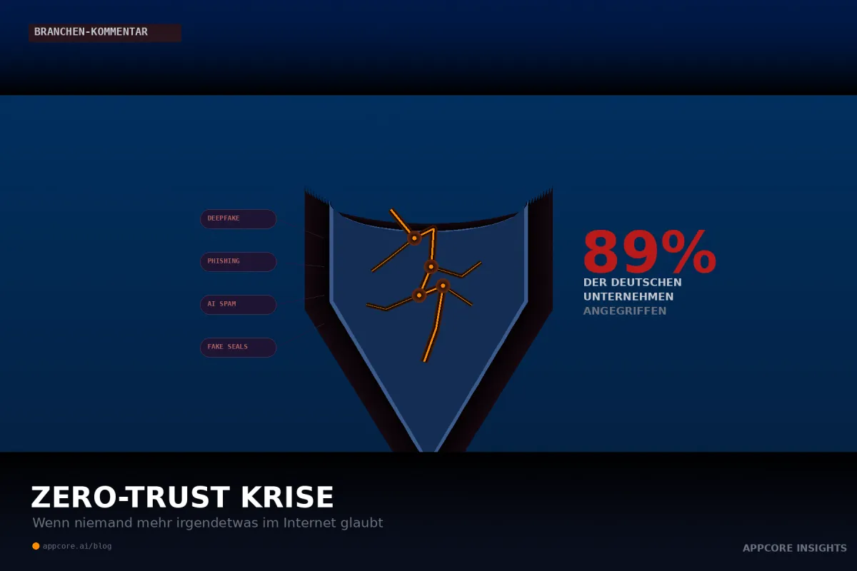 Navy-Hintergrund mit einem zentral platzierten Schild, das von orange leuchtenden Rissen durchzogen ist. Links schweben Bedrohungs-Labels (DEEPFAKE, PHISHING, AI SPAM, FAKE SEALS), rechts die Statistik "89%". Symbolisiert: Gebrochenes digitales Vertrauen, das repariert werden kann.