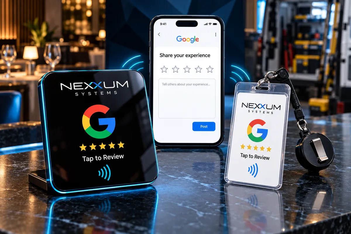 Premium acrylic NFC review card stand for instant Google reviews without QR codes