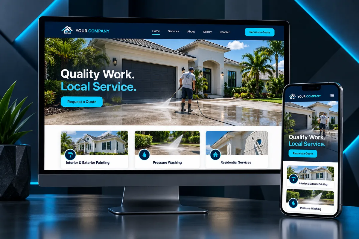 Example contractor website displayed on desktop and mobile.