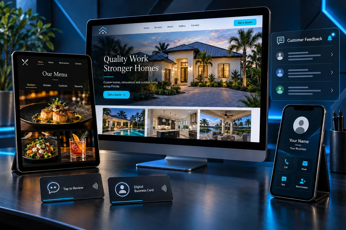 Examples of Nexxum website, smart menu, NFC review card, digital business card, and customer feedback solutions.