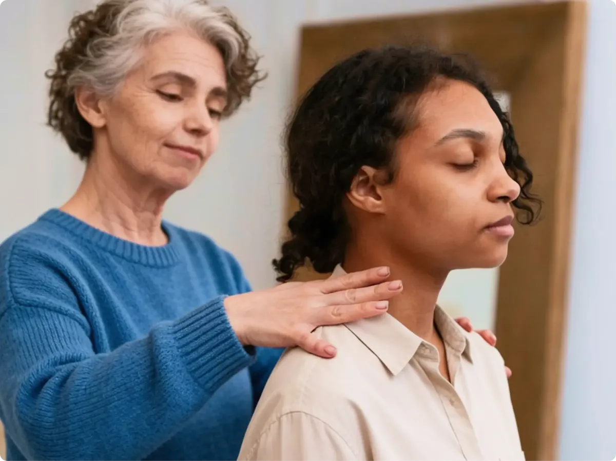 Healthcare practitioner working on patient shoulder.