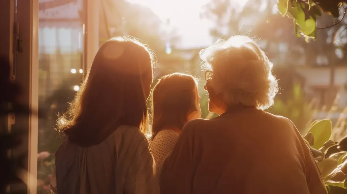 Multi-generational family on a patio with plants.