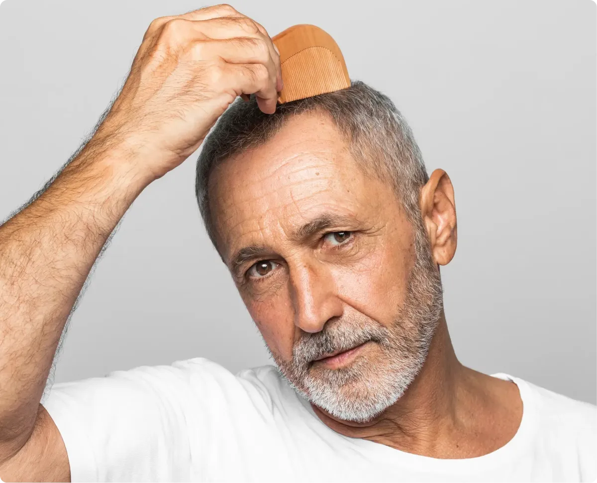 Male combing his hair after a regenerative therapy treatment.