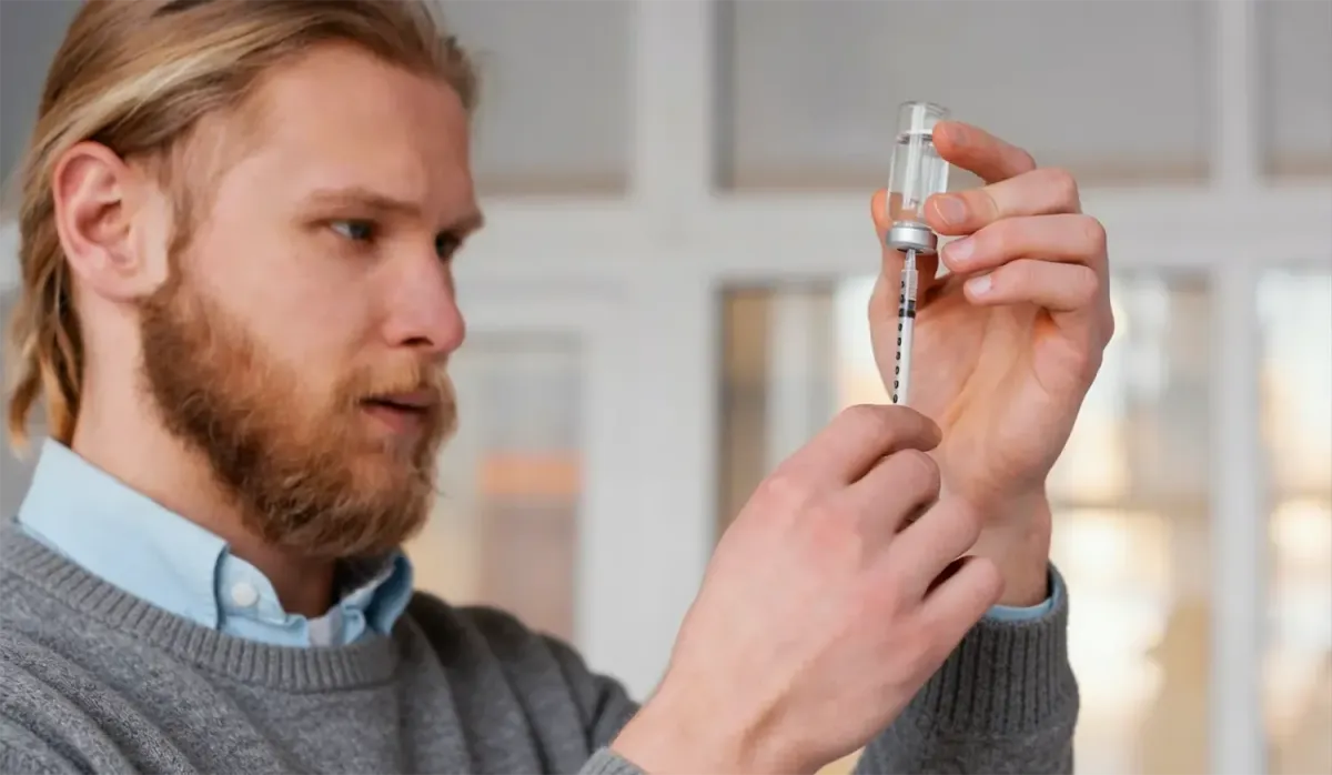 Male healthcare practitioner preparing a syringe for vitamin injection.