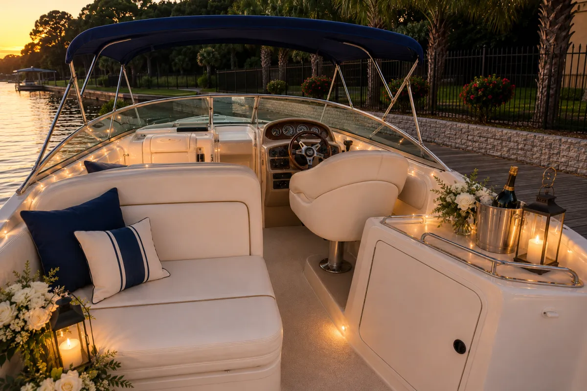 a boat floating on top of a large body of water