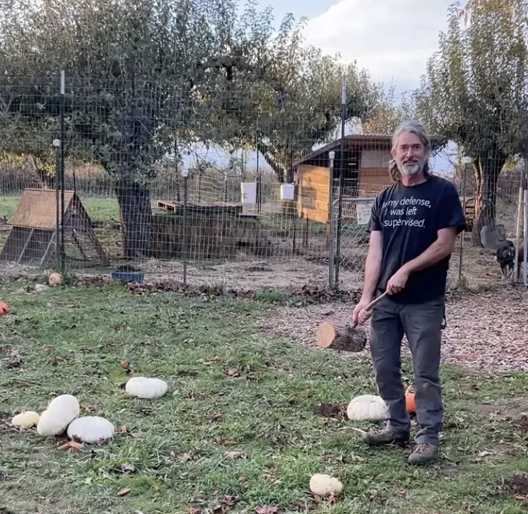 Farmer John holding a mallet getting ready to smash some pumpkins. 