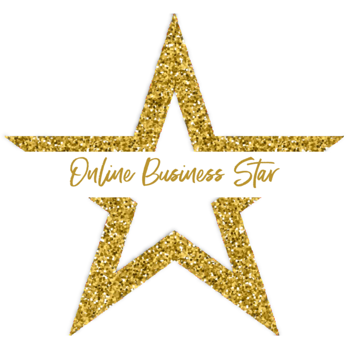 Złota gwiazda z brokatem z napisem "Online Business Star" na czarnym tle – logo marki edukacyjnej dla kobiet rozwijających biznes online.