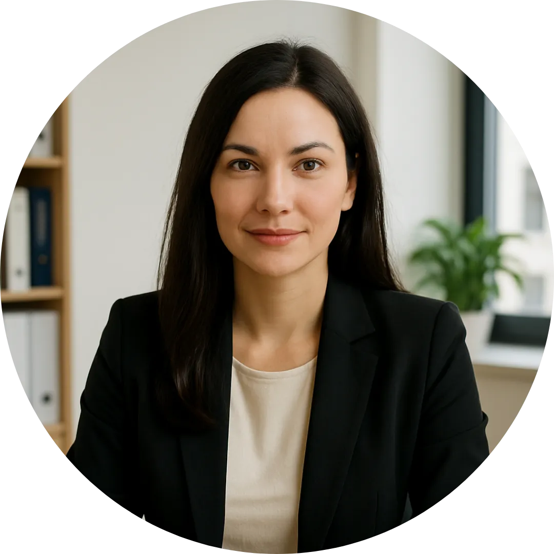 Kobieta o ciemnych włosach w eleganckim biurze, ubrana w czarną marynarkę i jasną bluzkę, siedzi przy laptopie i patrzy w kamerę – profesjonalny portret tłumaczki, prawniczki lub specjalistki biurowej.