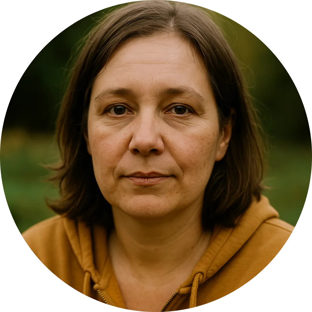 Uśmiechnięta kobieta w kolorowej sukience w kwiaty, stojąca na tle zachodzącego słońca – naturalny portret w plenerze.