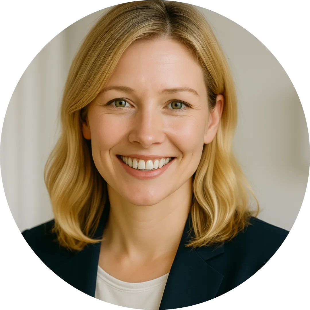 Kobieta w wieku około 35 lat z blond włosami, uśmiechnięta, ubrana w granatową marynarkę i jasną bluzkę, patrzy wprost w obiektyw na tle jasnego, neutralnego wnętrza – profesjonalny portret biznesowy.