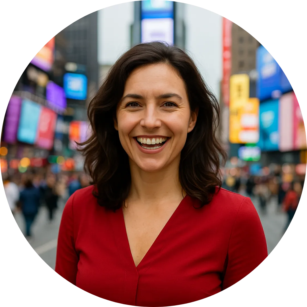 Uśmiechnięta brunetka w wieku około 34 lat w czerwonej bluzce, stojąca w centrum Times Square w Nowym Jorku – dynamiczny portret kobiety pełnej pasji i energii na tle kolorowych billboardów i miejskiego tłumu.