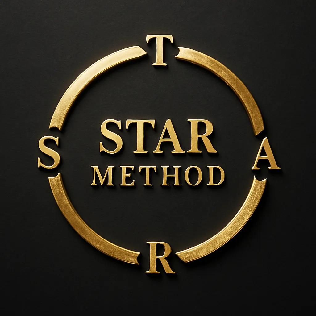 Złoty, realistyczny diagram kołowy przedstawiający metodę STAR™. Na kole, zgodnie ze wskazówkami zegara, umieszczone są litery: S, T, A, R, a w centrum znajduje się napis STAR Method elegancką czcionką. Grafika ma luksusowy, premium charakter – złote elementy na jasnym tle tworzą nowoczesny i estetyczny design.