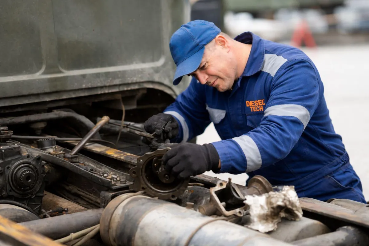 mobile diesel mechanic in Northern Aberta working on highway truck