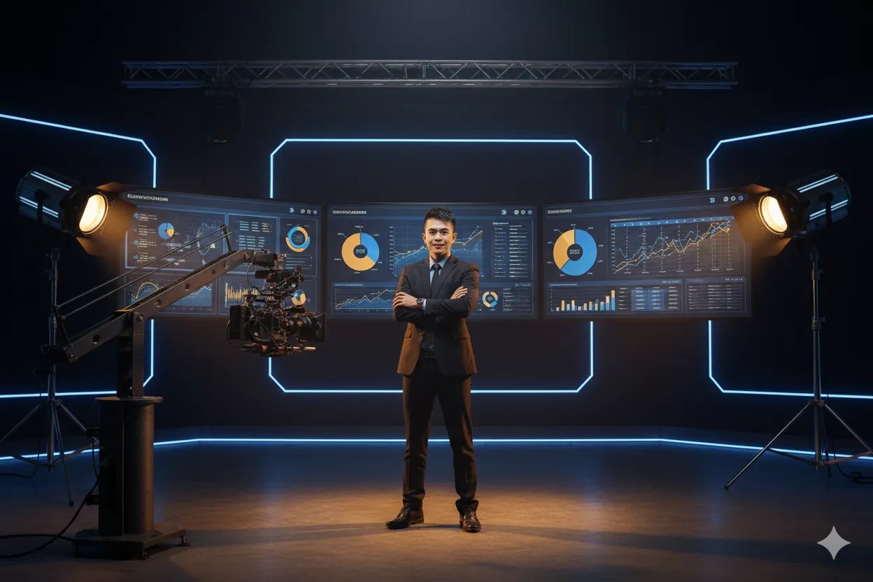 Dynamic business owner in a modern studio, surrounded by video equipment and digital screens displaying analytics, exuding confidence and innovation. The background is a sleek, dark gradient with gold and blue accent lighting, 3:2 aspect ratio.