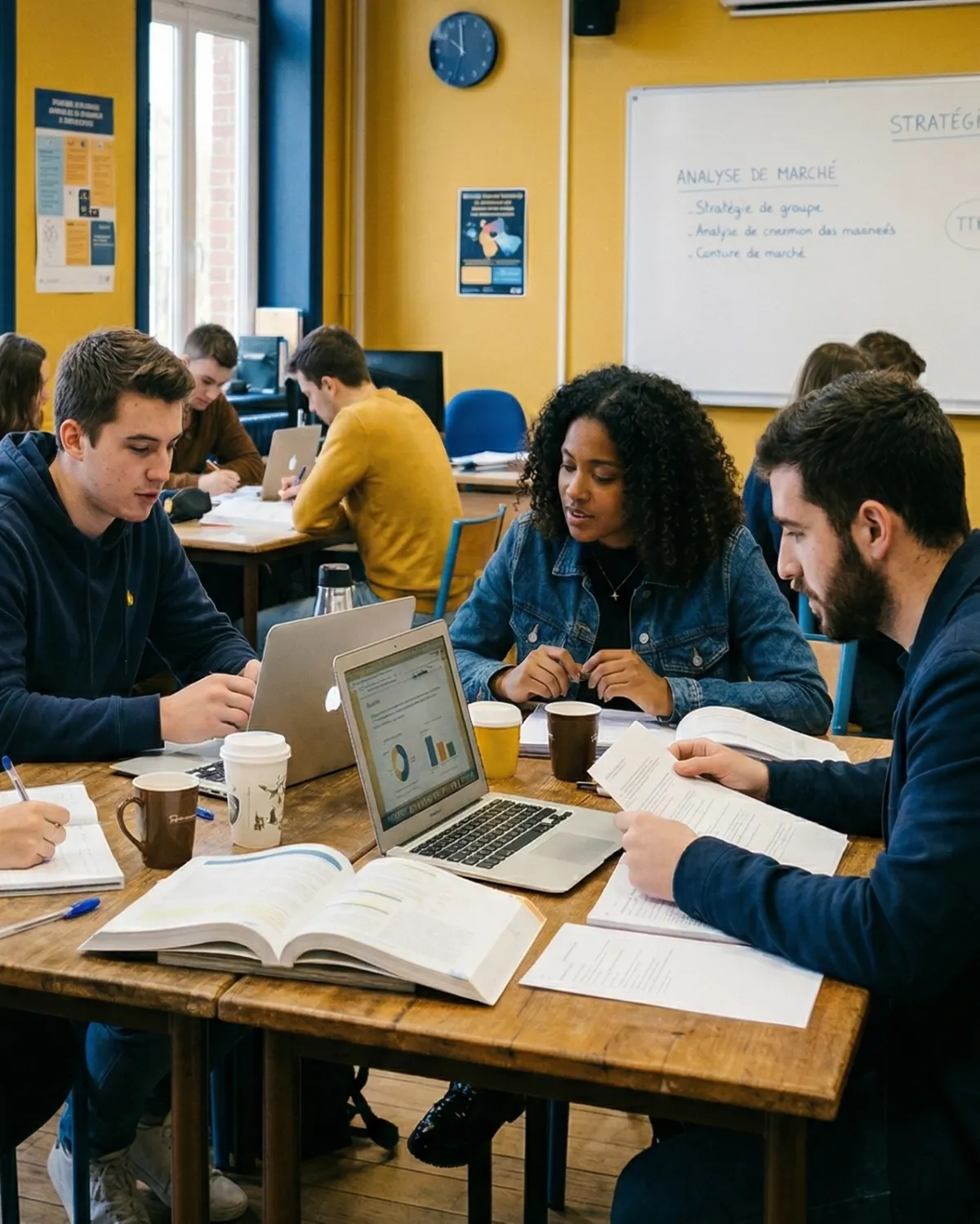 People sitting at desks in a classroom setting.