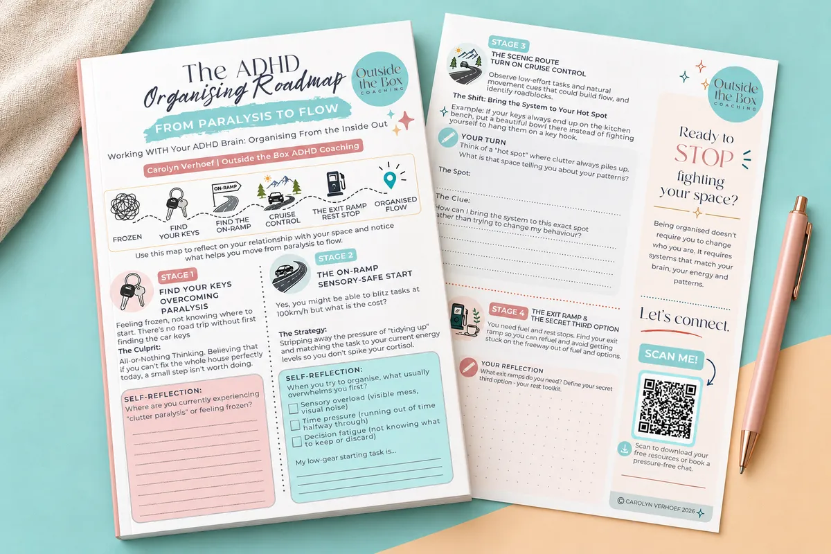 Preview of The ADHD Organising Roadmap by Carolyn Verhoef, showing four organising stages and self-reflection prompts.