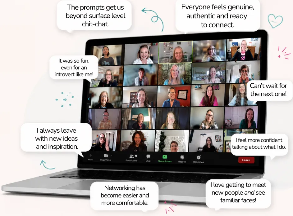 Women entrepreneurs connecting at a PWR Virtual Speed Networking event on Zoom, with attendee quotes about authentic conversations, confidence and making new connections.