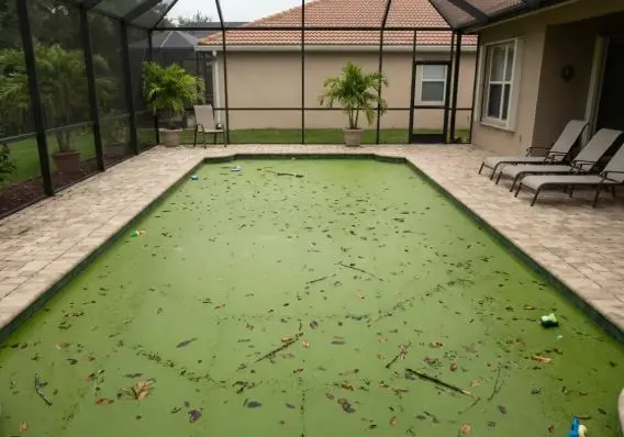 Algae-covered green pool filled with leaves inside a screened lanai before treatment by Fort Pierce Pool Maintenance