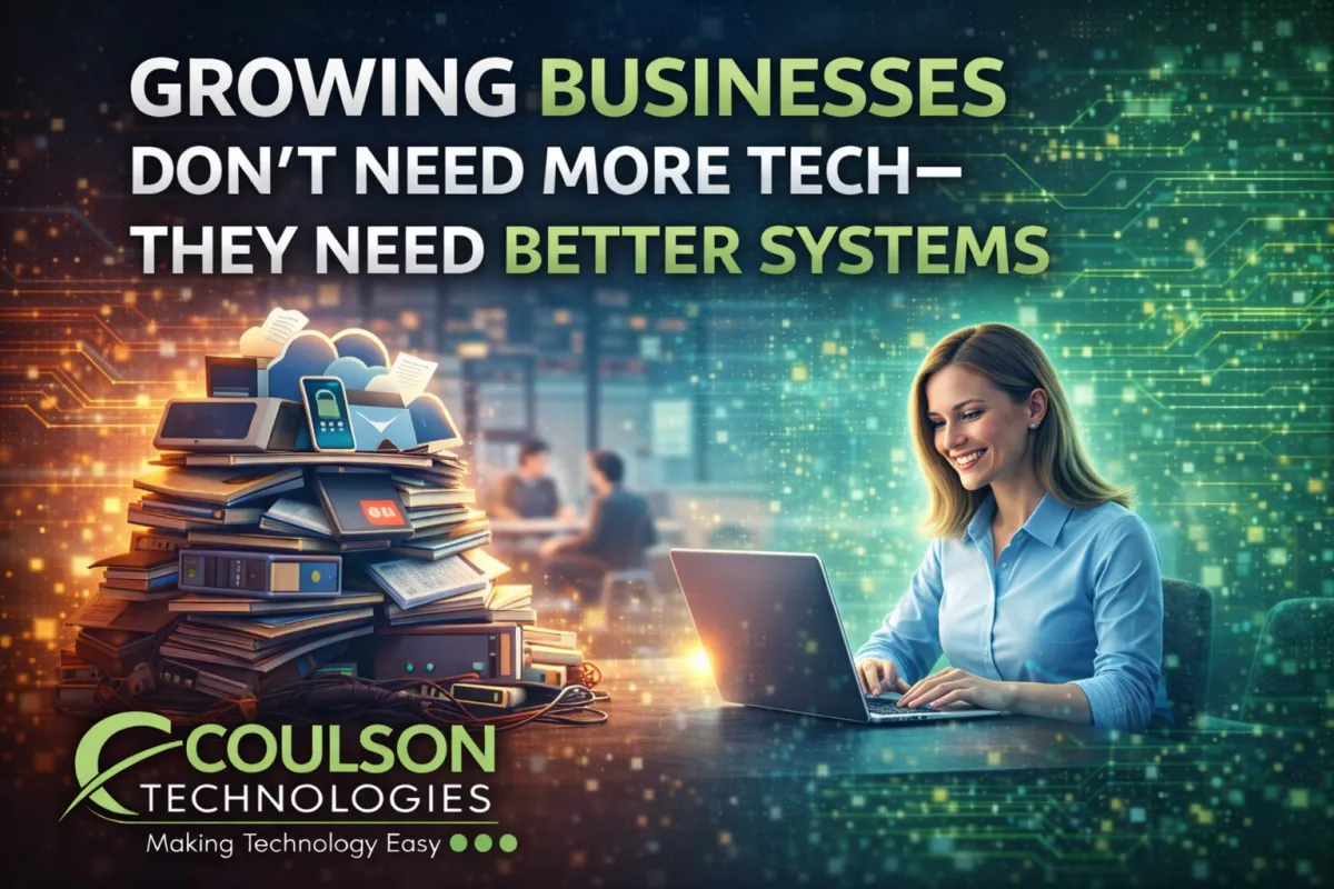 Graphic reading “Growing Businesses Don’t Need More Tech — They Need Better Systems.” On the left, a cluttered stack of books and devices symbolizes tech overload. On the right, a smiling professional works efficiently on a laptop. The Coulson Technologies logo appears at the bottom.