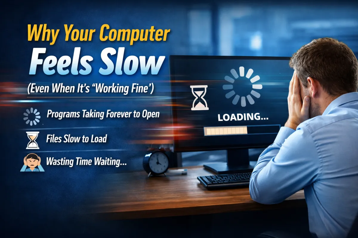 Graphic showing a frustrated office worker sitting at a desk with his head in his hands while a computer screen displays a loading icon and progress bar. Text on the graphic reads “Why Your Computer Feels Slow (Even When It’s ‘Working Fine’)” with bullet points including programs taking forever to open, files slow to load, and wasting time waiting.