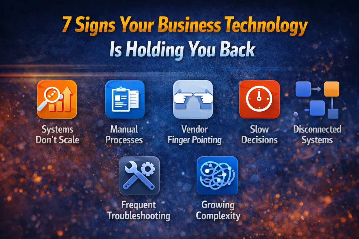 Graphic titled “7 Signs Your Business Technology Is Holding You Back.” Icons illustrate common issues including systems that don’t scale, manual processes, vendor finger-pointing, slow decision-making, disconnected systems, frequent troubleshooting, and growing technology complexity.