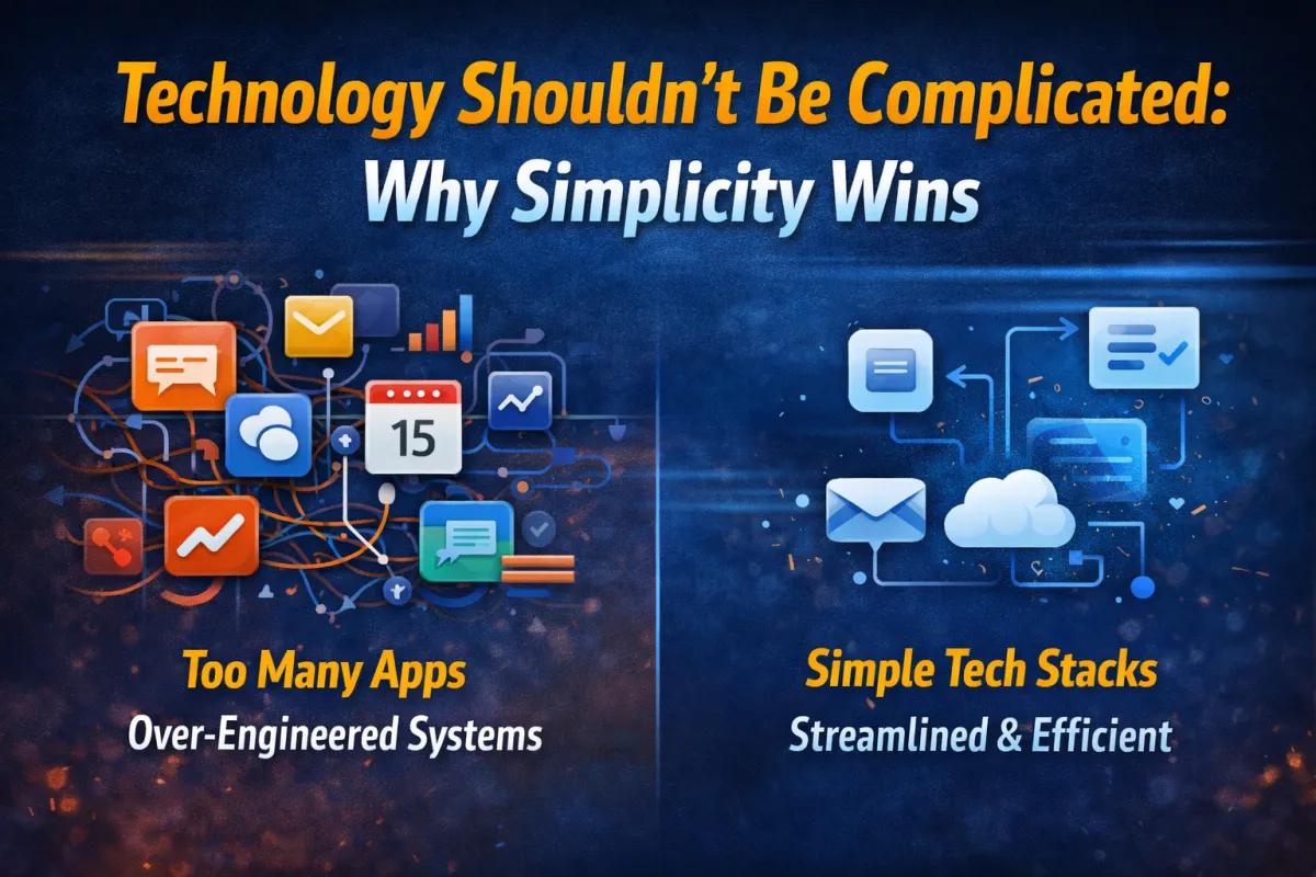 Graphic titled “Technology Shouldn’t Be Complicated: Why Simplicity Wins.” The left side shows a tangled network of many app icons representing too many apps and over-engineered systems, while the right side shows a clean, simple set of connected tools representing streamlined and efficient tech stacks.