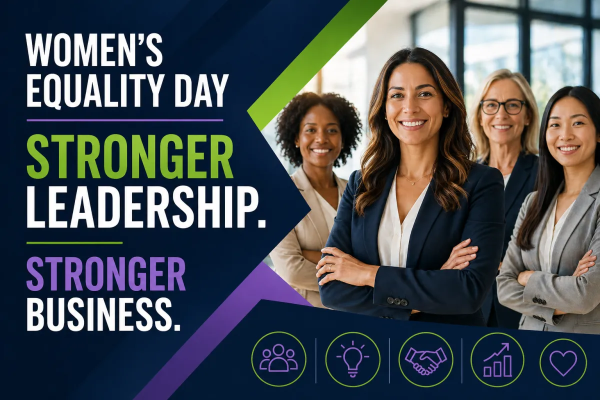 Graphic for Women’s Equality Day featuring four professional women with the headline “Stronger Leadership. Stronger Business.” and icons representing teamwork, innovation, partnership, growth, and support.