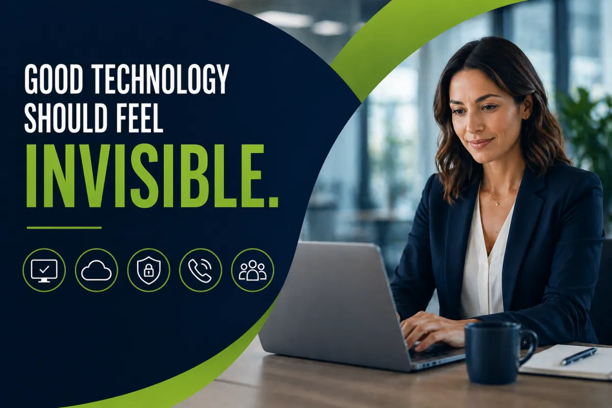 Businesswoman working on a laptop beside the headline “Good Technology Should Feel Invisible.” with icons representing cloud services, cybersecurity, communication, and teamwork.