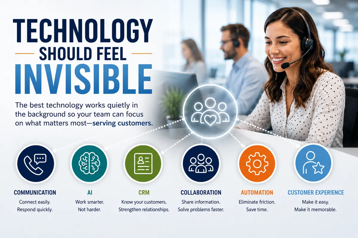 Graphic titled "Technology Should Feel Invisible." A smiling customer service professional works at a laptop while connected icons represent communication, AI, CRM, collaboration, automation, and customer experience. The message emphasizes that the best business technology works quietly in the background so employees can focus on serving customers.
