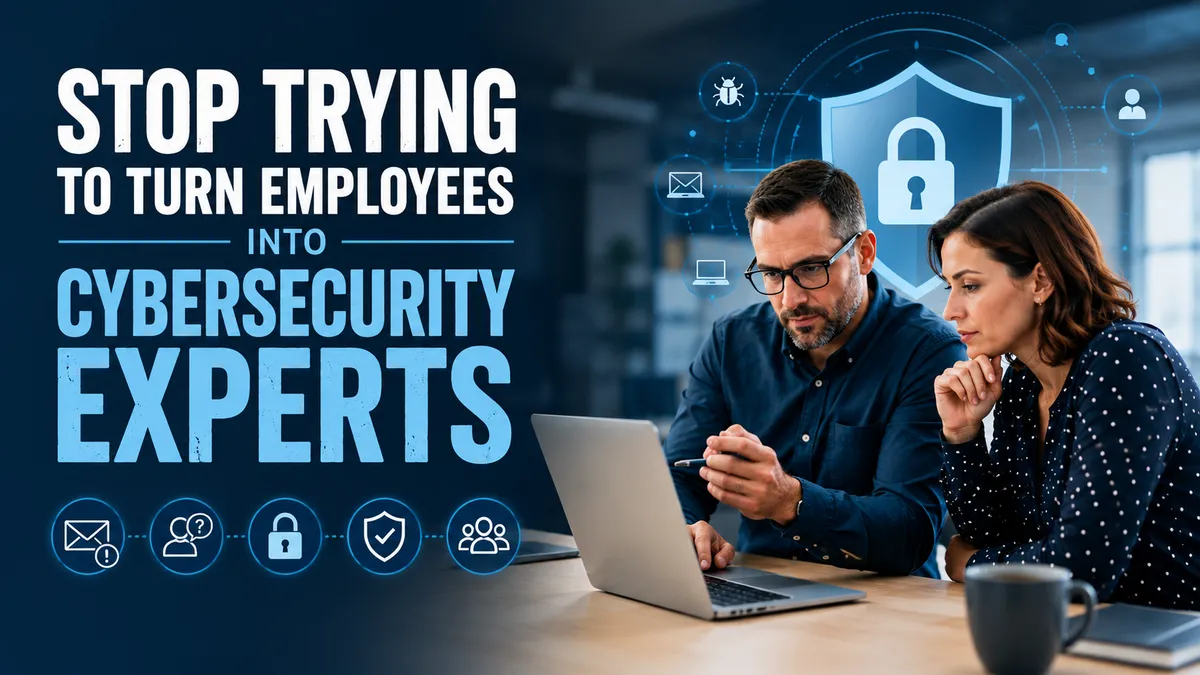 Graphic for Coulson Technologies featuring two employees working at a laptop with cybersecurity icons and a shield with a padlock. Headline reads, “Stop Trying to Turn Employees Into Cybersecurity Experts.”