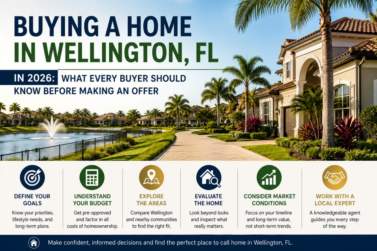 Luxury home in Wellington, FL with palm trees and lake views highlighting a 2026 home buying guide for buyers before making an offer.