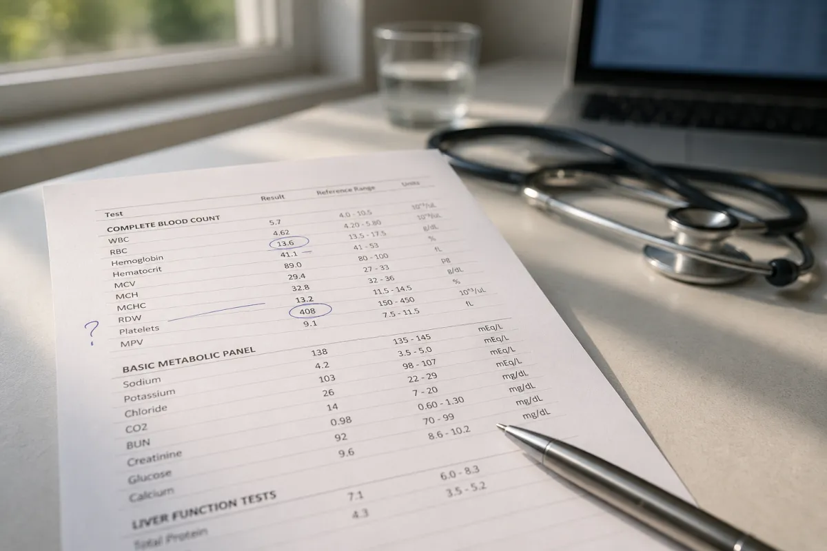 Close-up of a blood lab report on a clean white desk with several test results circled for review, a metal pen in the foreground, and a blurred stethoscope, glass of water, and laptop in the background. Soft natural light creates a calm clinical setting for reviewing bloodwork and health biomarkers.