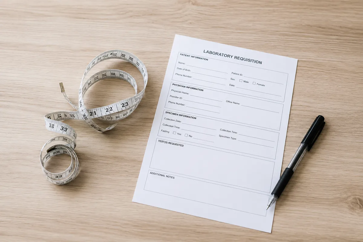 A loosely coiled measuring tape rests beside a blank lab requisition form and a pen on a light wood surface, photographed from above in natural light with a clean, minimalist layout.