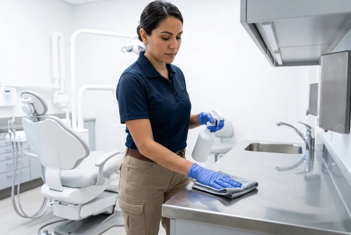 Woman wearing yellow gloves cleaning wooden surface
