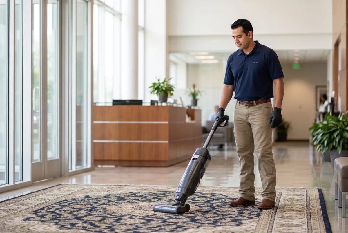 A person vacuuming spilled food on a wooden floor.