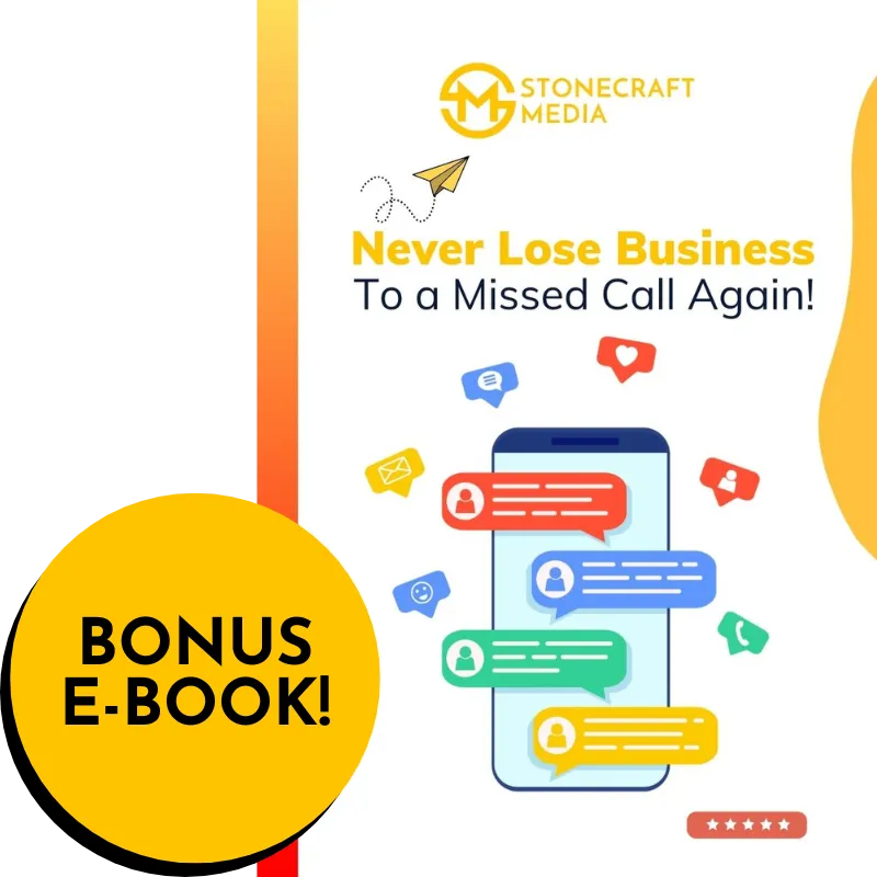 "Never Lose Business To A Missed Call Again" E-book cover image with a "Bonus E-Book" promo tag.
